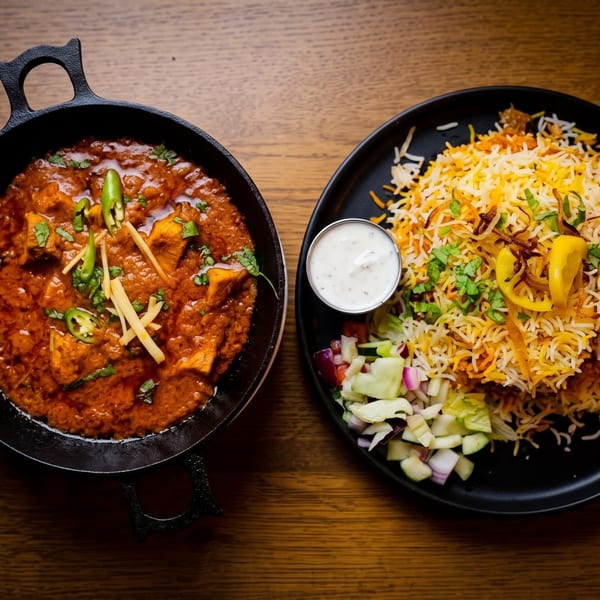 A black cast iron pan of chicken tikka masala next to a plate of biryani rice with salad and raita.