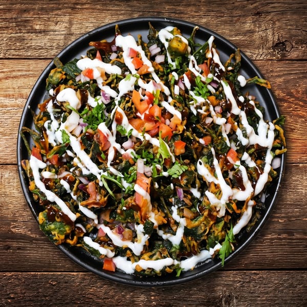 A black plate of crispy spinach pakora chaat, drizzled with yogurt, tamarind chutney, and topped with diced tomatoes and onions.
