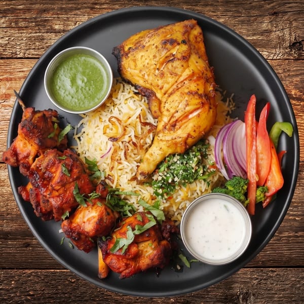 A black plate with chicken tikka skewers, grilled chicken, rice, vegetables, and two dipping sauces.